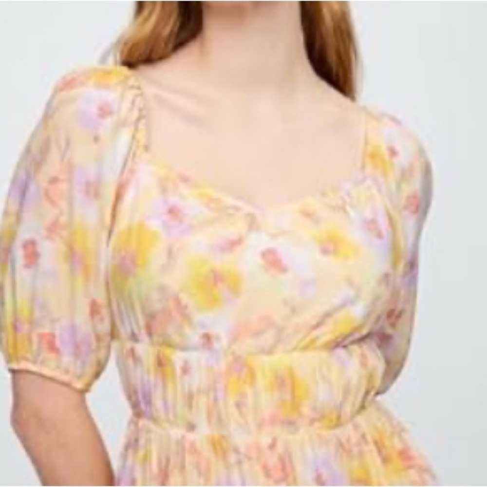 GAP Floral Mini Dress in Light Pink and Yellow Sweetheart neckline puffy sleeves - Picture 3 of 9